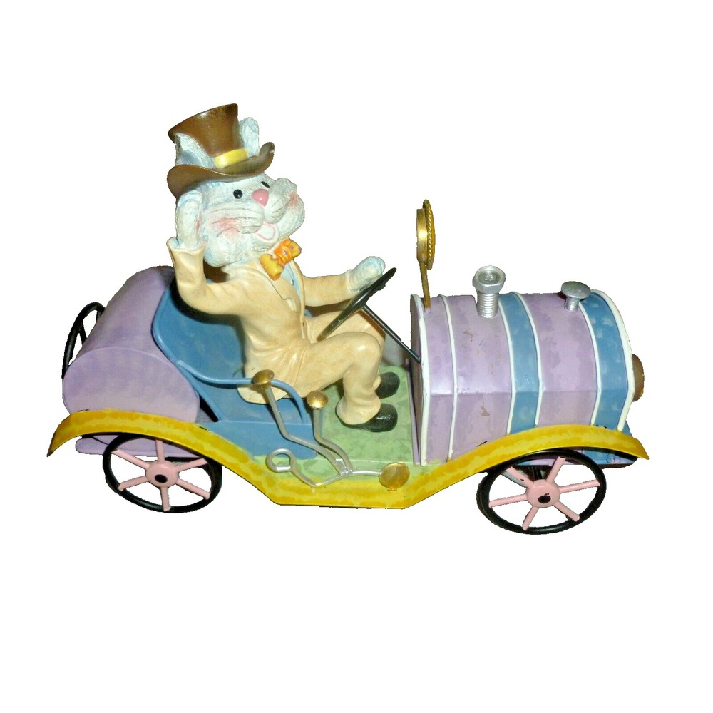 Vintage Easter Bunny in Jalopy Car Figurine Rabbit Top Hat Pastel Decor